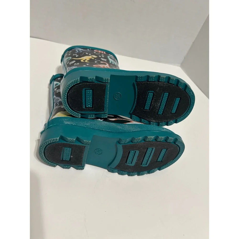 Lily & Dan Kids Dinosaur Skeleton Rain Boots Teal Black Rubber Size 9/10